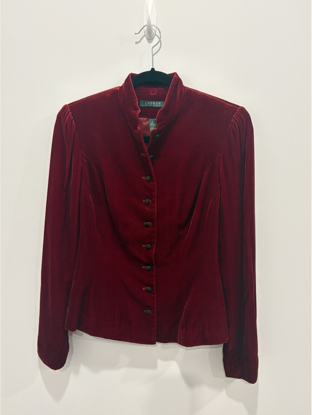 Lauren Ralph Lauren Top Size 4 Red Cranberry Full Button Long Sleeves Velvet